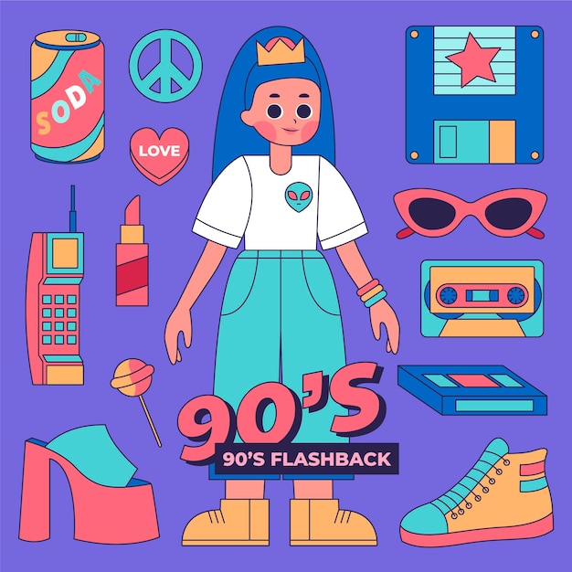 Free Vector hand drawn flat nostalgic 90's elements collection