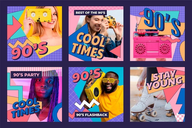 Free Vector hand drawn flat nostalgic 90's instagram posts collection with photo