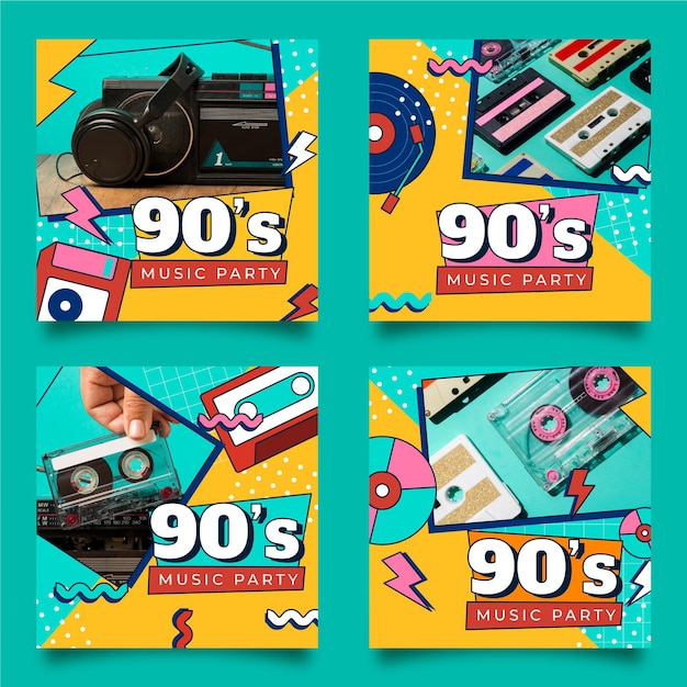 Free Vector hand drawn flat nostalgic 90's instagram posts collection with photo