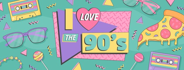 Hand drawn flat nostalgic 90's social media cover template