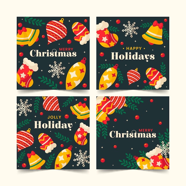 Hand drawn flat ornamental christmas cards collection