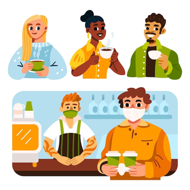 Hand drawn flat people with hot drinks