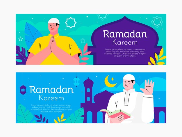 Hand drawn flat ramadan horizonal banner