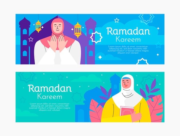 Hand drawn flat ramadan horizonal banner