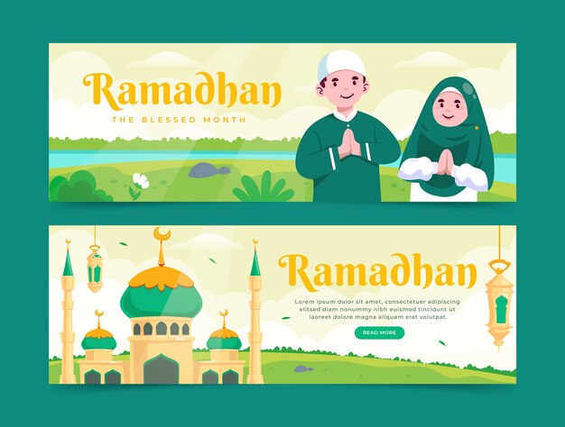 Hand drawn flat ramadan horizontal banner