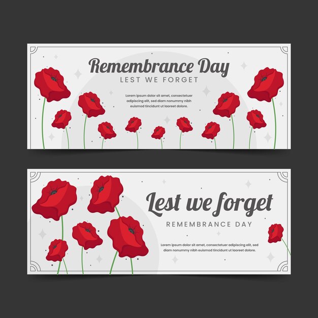 Hand drawn flat remembrance day horizontal banners set