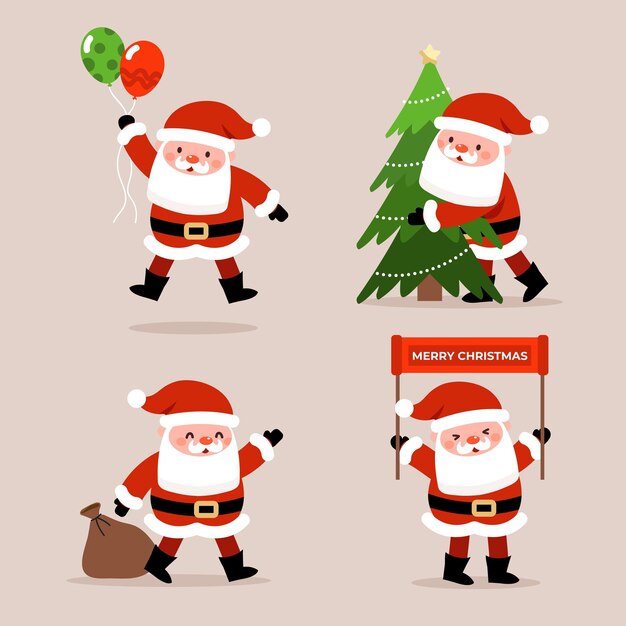 Hand drawn flat santa claus characters collection