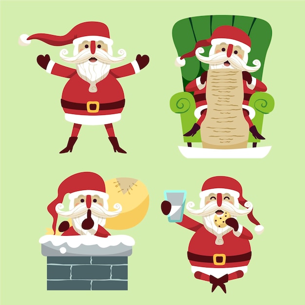 Hand drawn flat santa claus characters collection