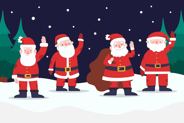 Hand drawn flat santa claus characters collection