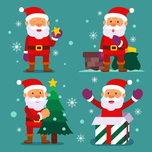 Hand drawn flat santa claus characters collection