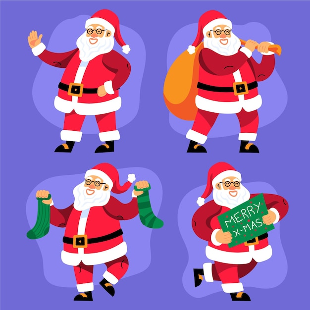 Hand drawn flat santa claus characters collection