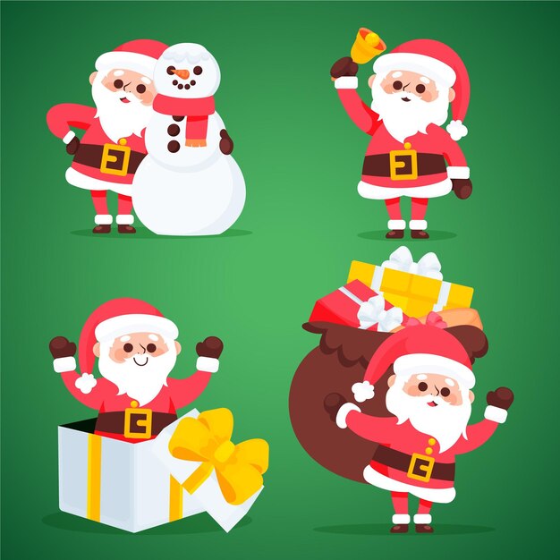 Hand drawn flat santa claus characters collection