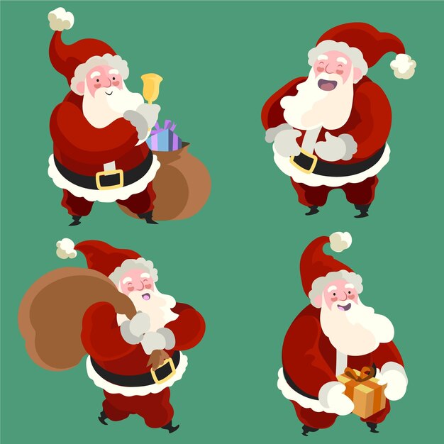 Hand drawn flat santa claus characters collection