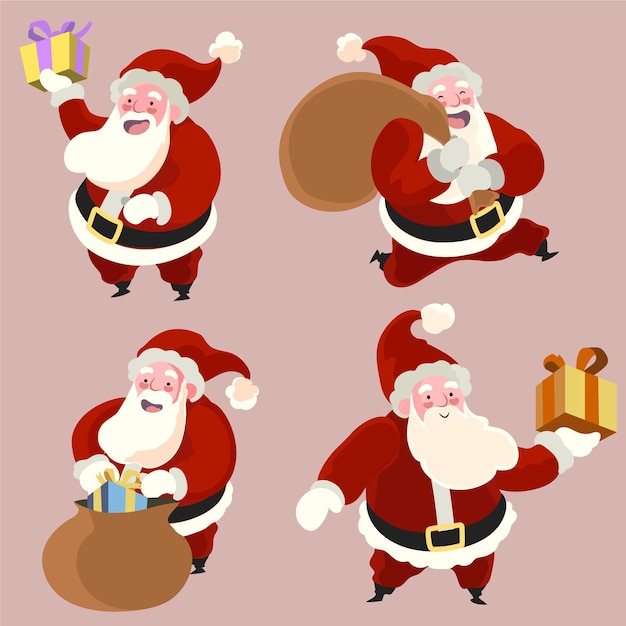 Hand drawn flat santa claus characters collection