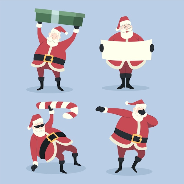 Hand drawn flat santa claus characters collection