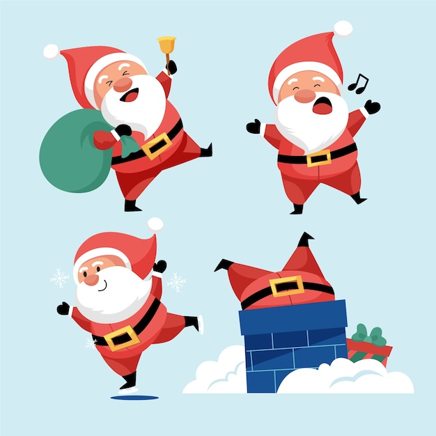 Hand drawn flat santa claus characters collection