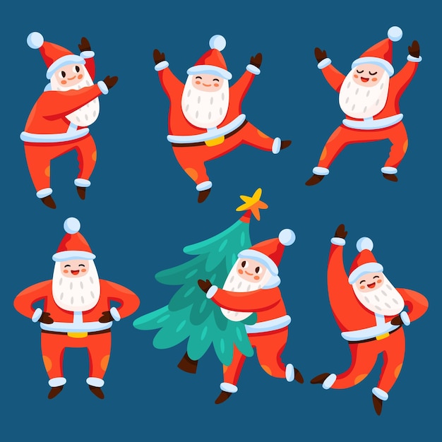 Hand drawn flat santa claus characters collection