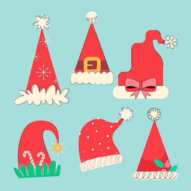 Hand drawn flat santa's hat collection