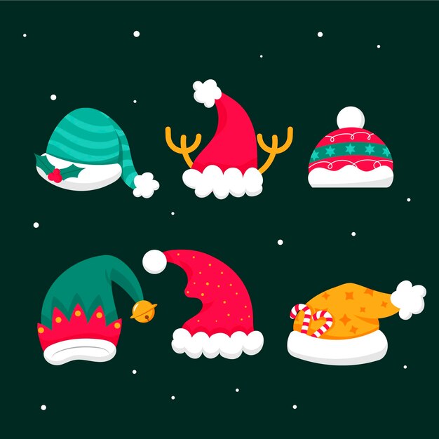 Hand drawn flat santa's hat collection