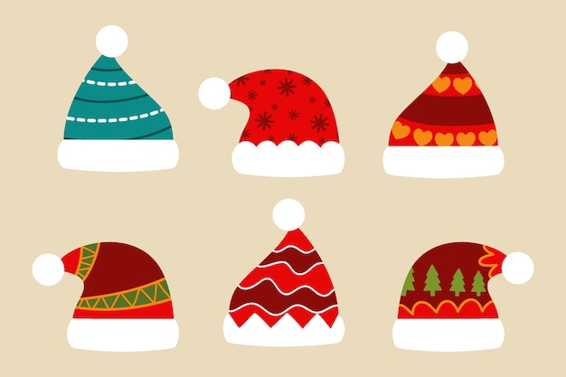 Hand drawn flat santa's hat collection