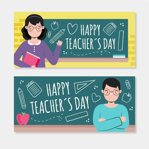 Hand drawn flat teachers' day horizontal banners set