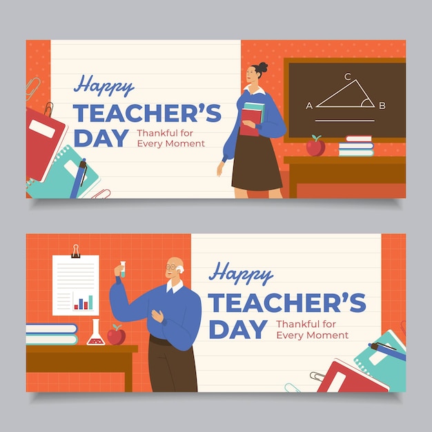 Hand drawn flat teachers' day horizontal banners set