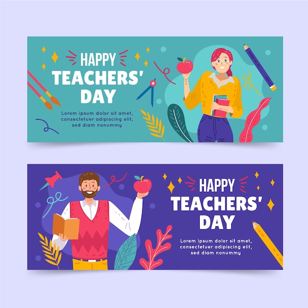 Hand drawn flat teachers' day horizontal banners set