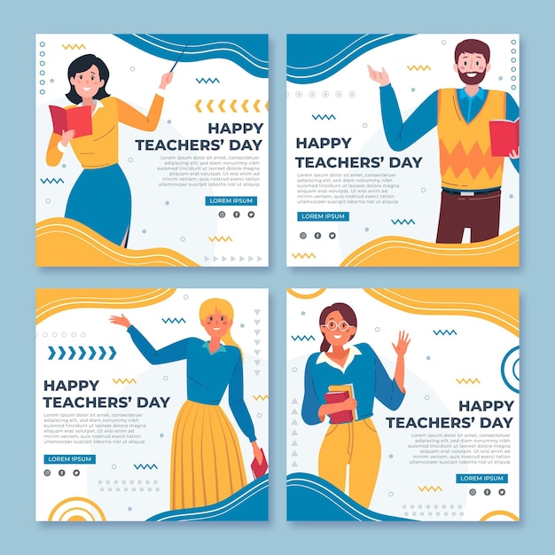 Hand drawn flat teachers' day instagram posts collection