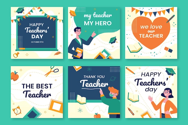 Free vector hand drawn flat teachers' day instagram posts collection