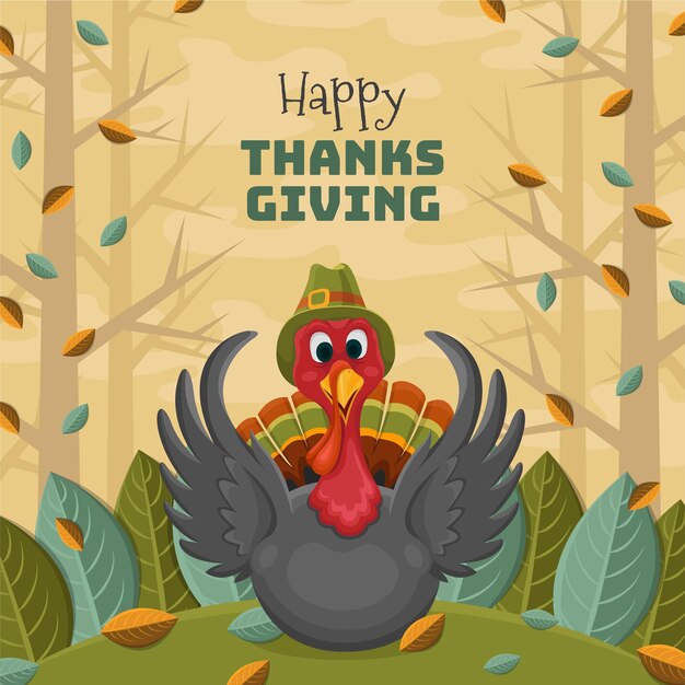 Hand drawn flat thanksgiving background with turkey