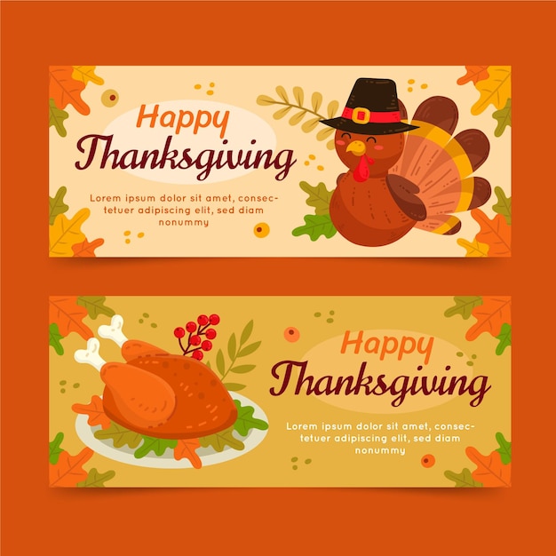 Hand drawn flat thanksgiving horizontal banners set