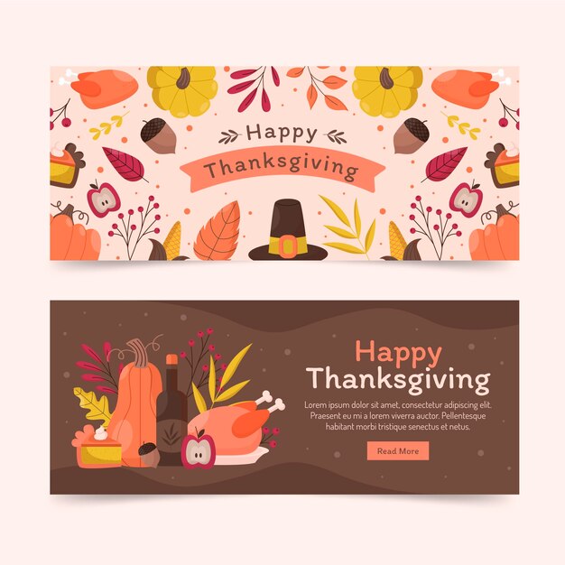 Hand drawn flat thanksgiving horizontal banners set