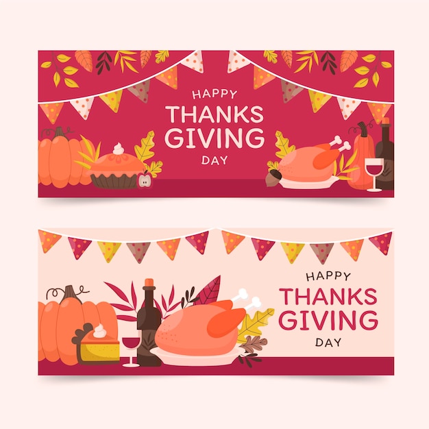 Hand drawn flat thanksgiving horizontal banners set