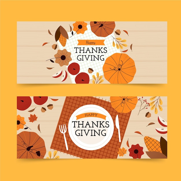 Hand drawn flat thanksgiving horizontal banners set