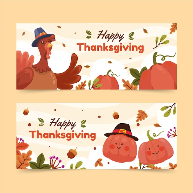 Hand drawn flat thanksgiving horizontal banners set