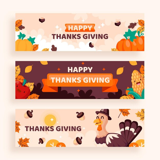 Hand drawn flat thanksgiving horizontal banners set