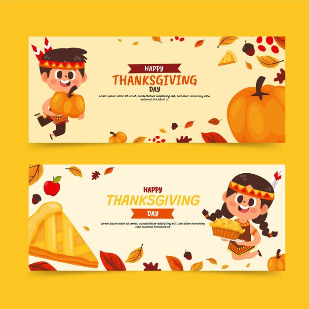 Hand drawn flat thanksgiving horizontal banners set