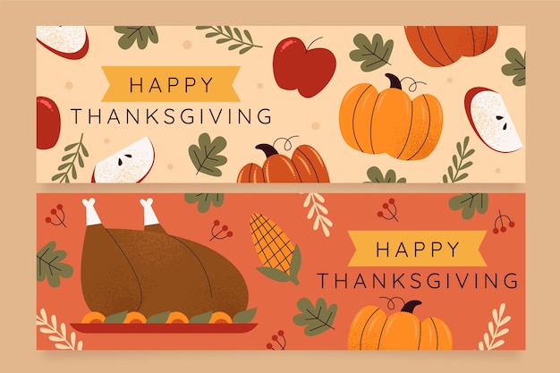 Hand drawn flat thanksgiving horizontal banners set