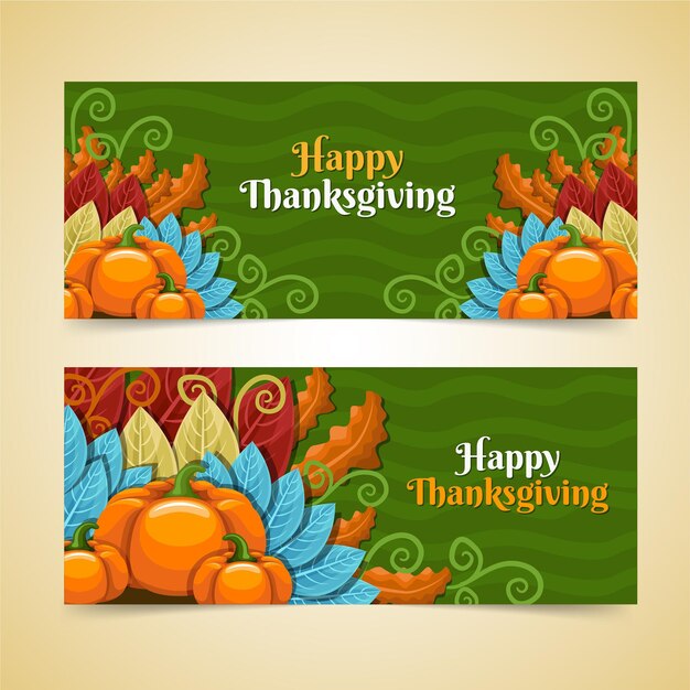 Hand drawn flat thanksgiving horizontal banners set