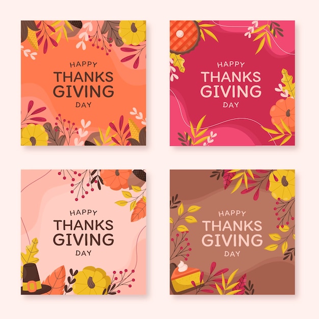 Hand drawn flat thanksgiving instagram posts collection