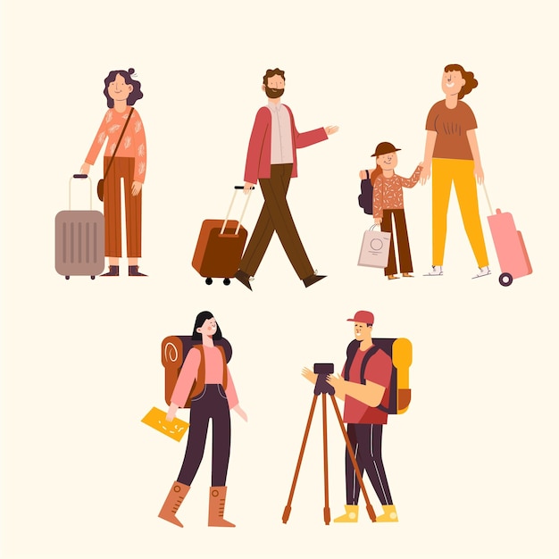 Hand drawn flat tourists set