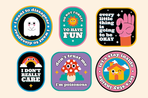 Hand drawn flat trendy cartoon badges and labels