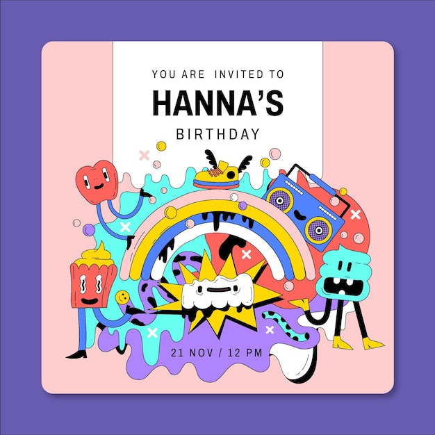 Free vector hand drawn flat trendy cartoon birthday invitation template