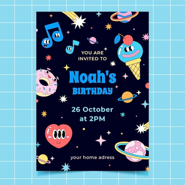 Hand drawn flat trendy cartoon birthday invitation