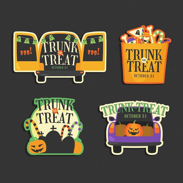 Hand drawn flat trunk or treat badges collection