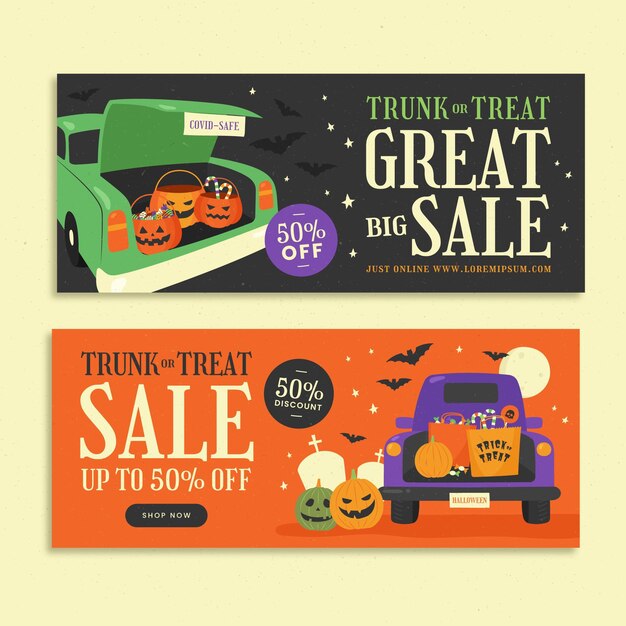 Hand drawn flat trunk or treat sale banners set