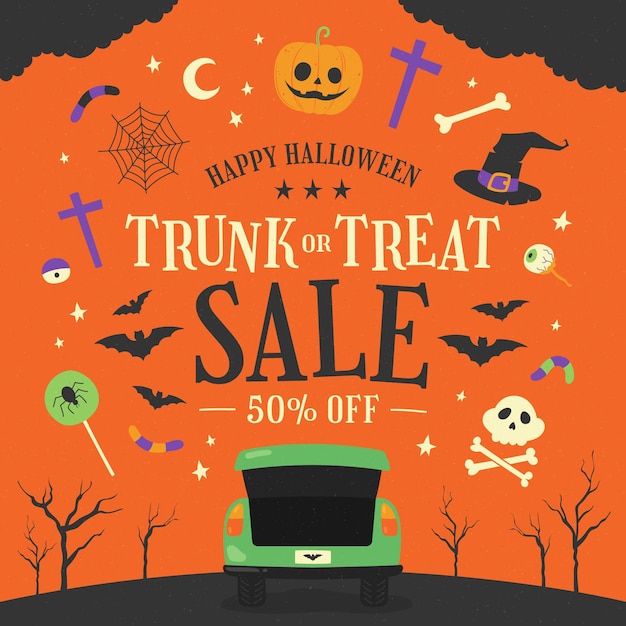 Free Vector hand drawn flat trunk or treat sale illustration