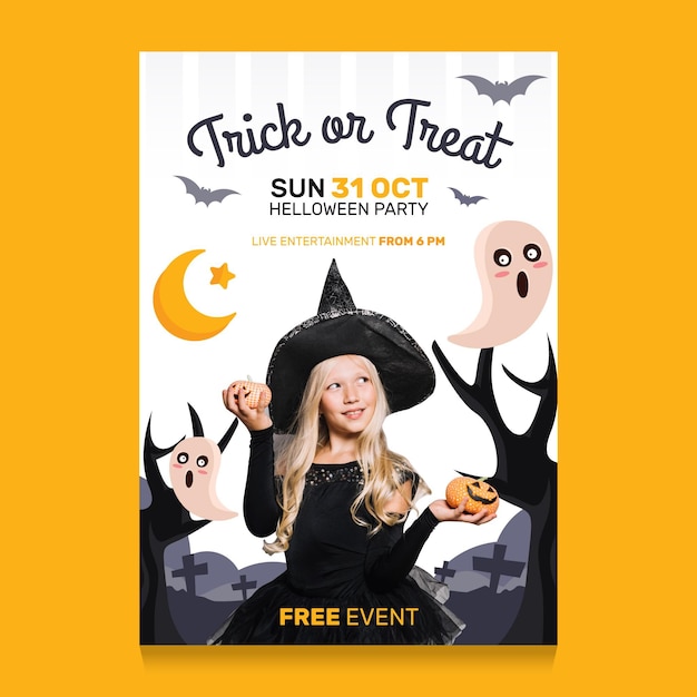 Hand drawn flat vertical halloween party flyer template with photo