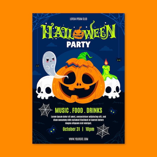 Hand drawn flat vertical halloween party flyer template