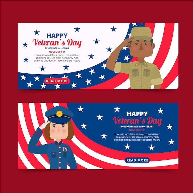 Hand drawn flat veteran's day horizontal banners set